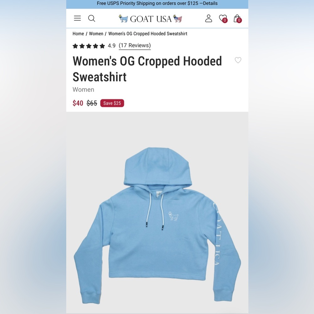 Goat USA Women’s OG Cropped Hooded Sweatshirt - Carolina Blue - Extra Small